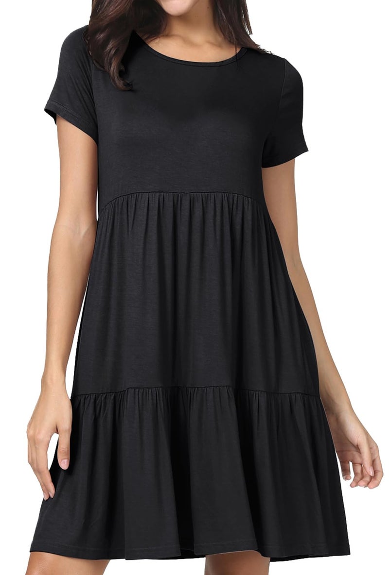 levaca Womens Summer Casual Dresses Beach Coverup Loose Short Sleeve T Shirt Dress 2025 Midi Outfit Sundress Black S - Image 1